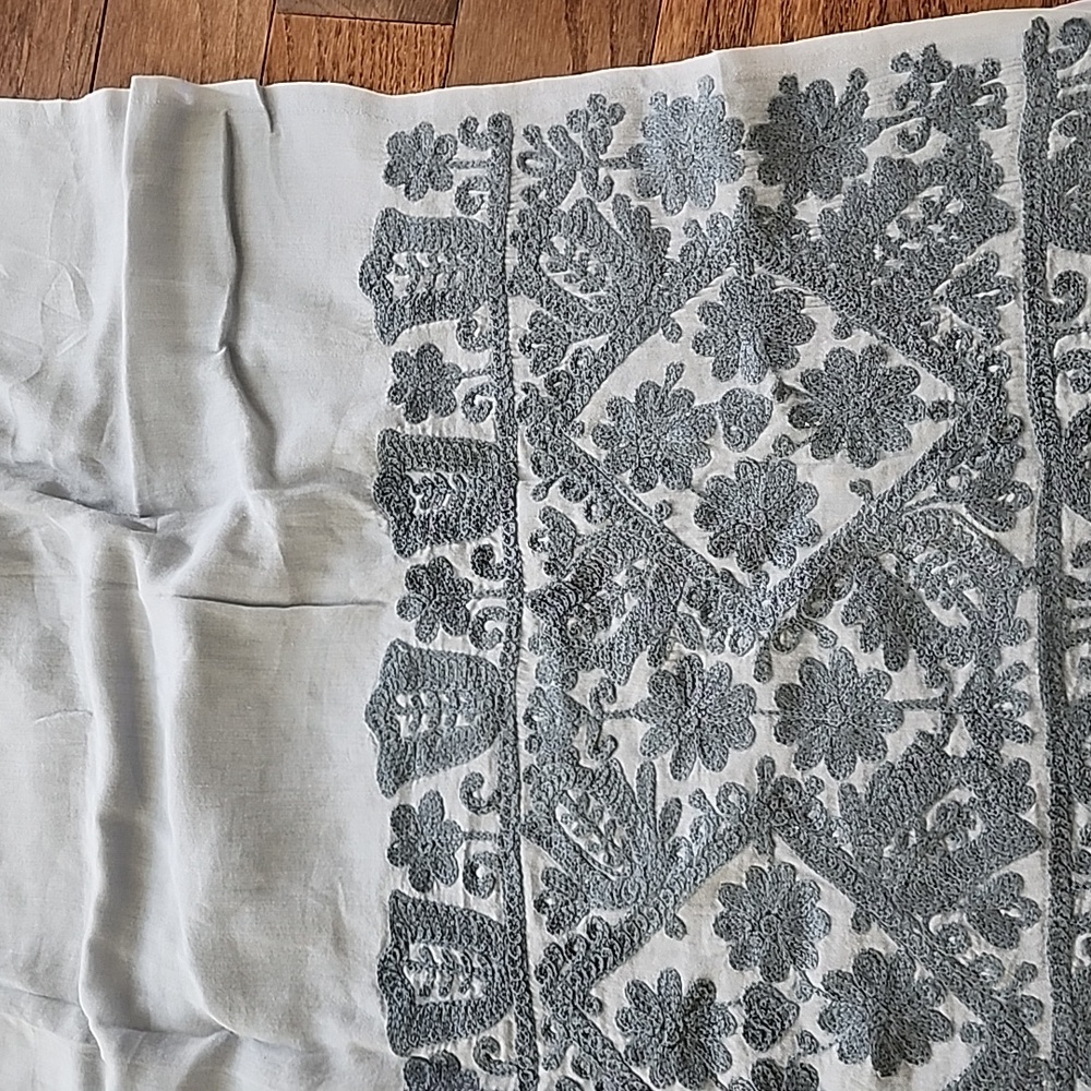 Tory Burch Embrioded Gray Blue Cotton Scarf